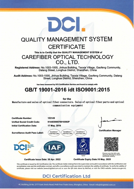 Porcellana Carefiber Optical Technology Co., Ltd Certificazioni